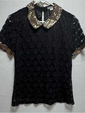 ISSI Black Lace Top with Gold Sequin Collar & Cuffs